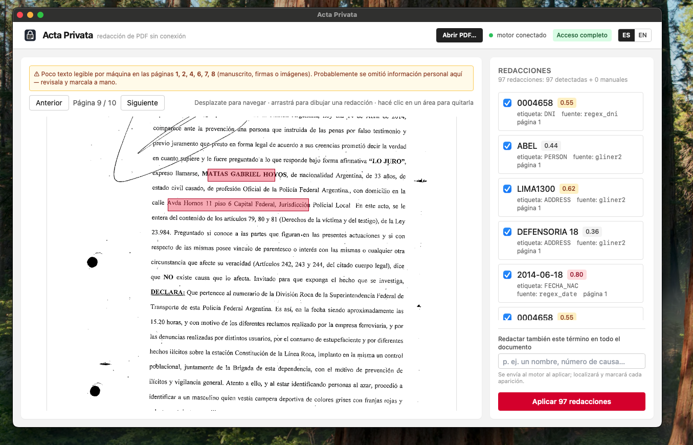 Acta Privata mostrando el panel de redacciones detectadas sobre un documento